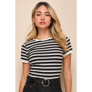 Lulus My Favorite Look Ivory And Black Striped Crew Neck Baby Tee White - Size M
